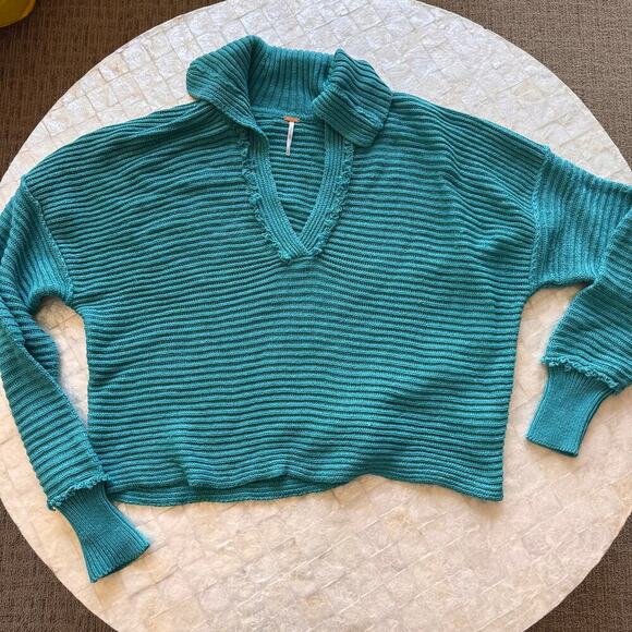 Free People Marlie sweater oversized sz Large L teal turquoise blue ribbed knit - Picture 4 of 8